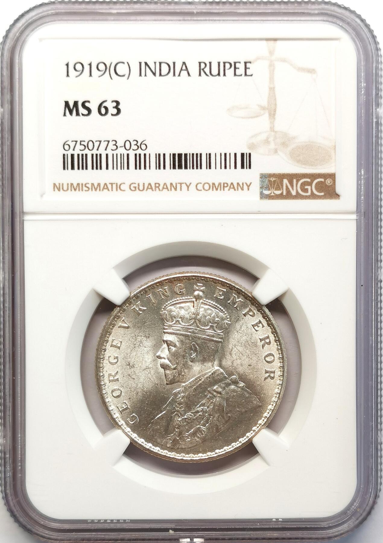 凡希社世界钱币微拍第二百六十八期 1919C英属印度乔五卢比NGC-MS63