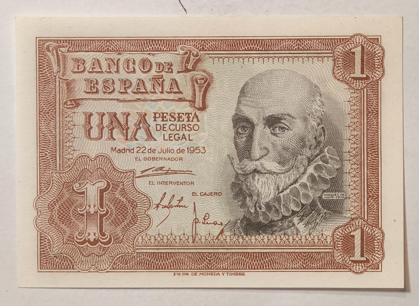 紫瑗钱币——第361期拍卖——纸币场 西班牙 1953年 阿尔瓦罗 1比塞塔 UNC (p-144a)