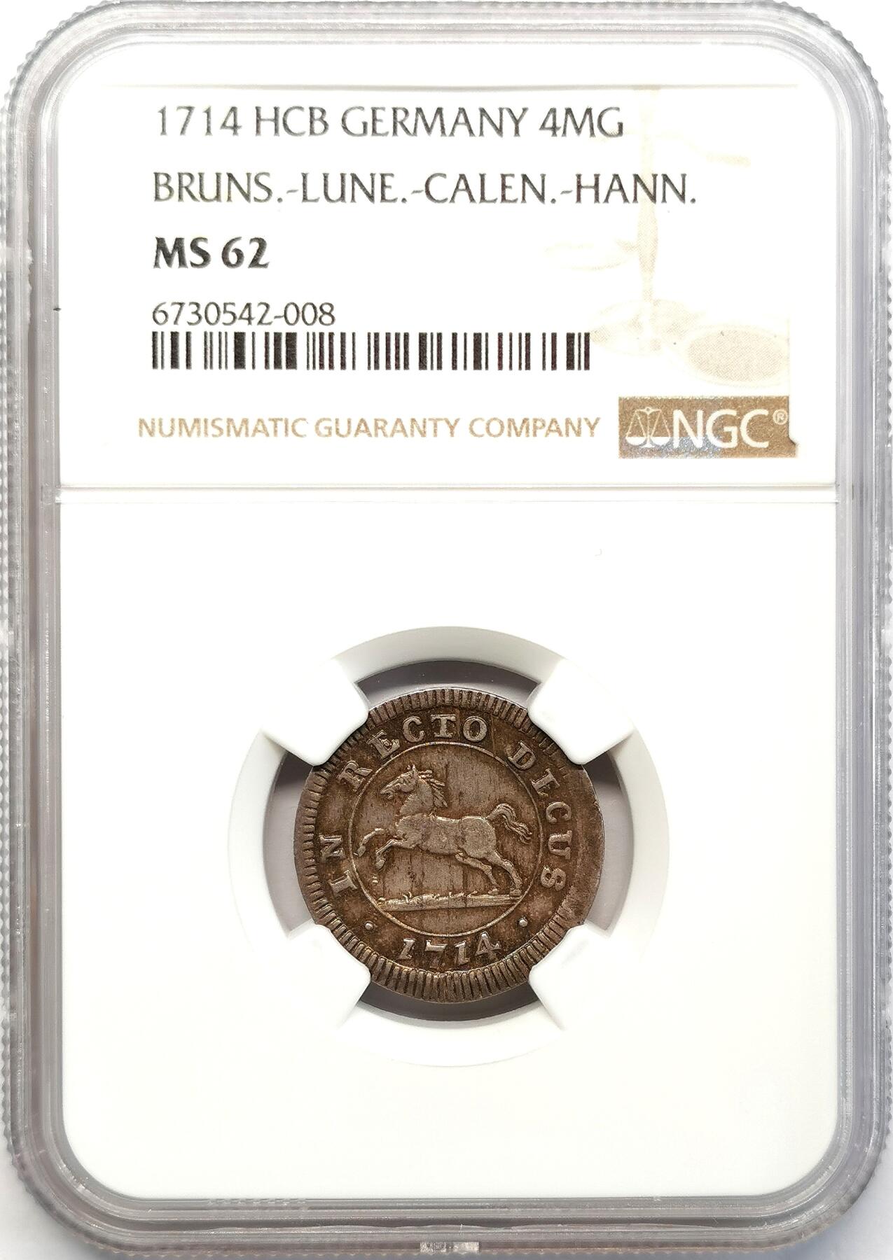 凡希社世界钱币微拍第二百六十八期 1714布伦瑞克吕内堡奔马4MG银辅币NGC-MS62，五彩绝美！