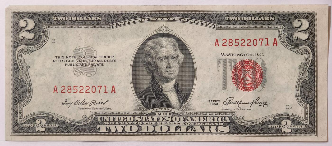 紫瑗钱币——第347期拍卖——纸币场 美国 1953年 无序列 托马斯·杰斐逊 2美元 红印 政府券 流通品