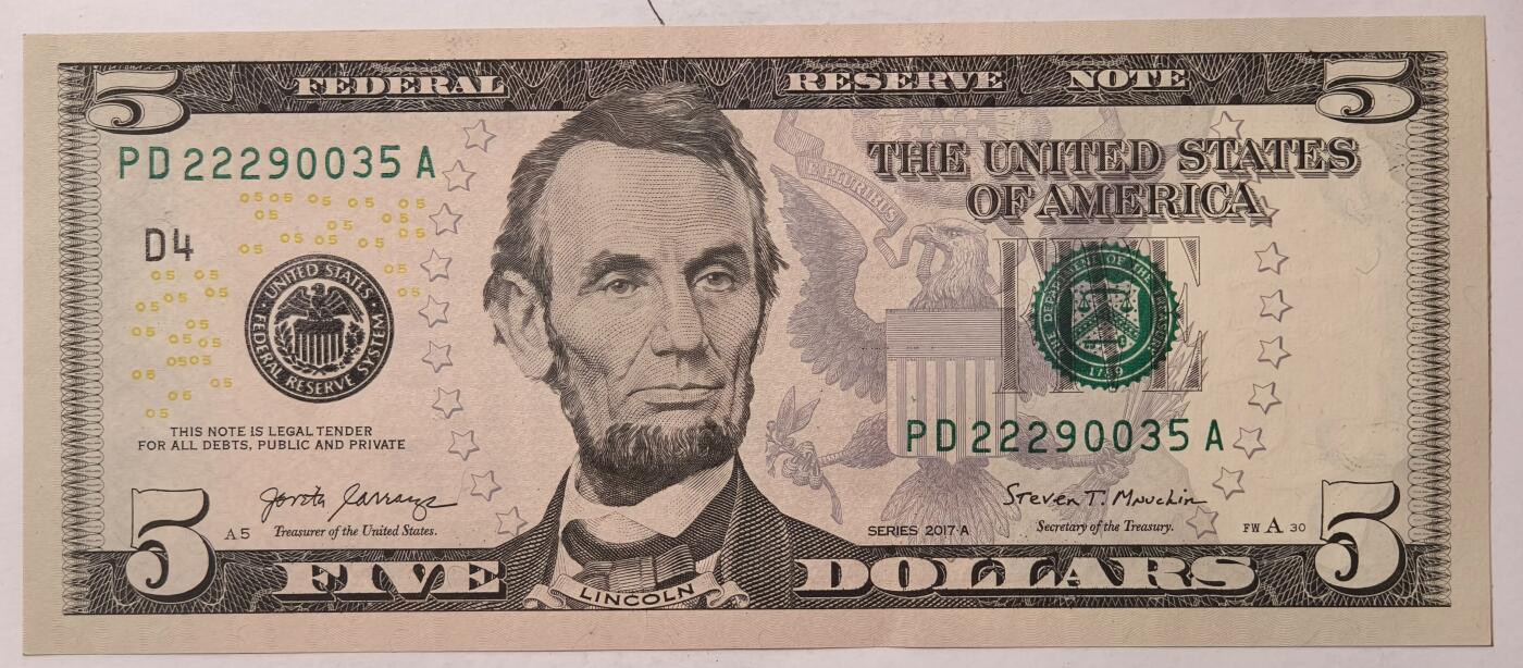 紫瑗钱币——第347期拍卖——纸币场 美国 2017年 D版 A序列 亚伯拉罕·林肯 5美元 彩色版 UNC