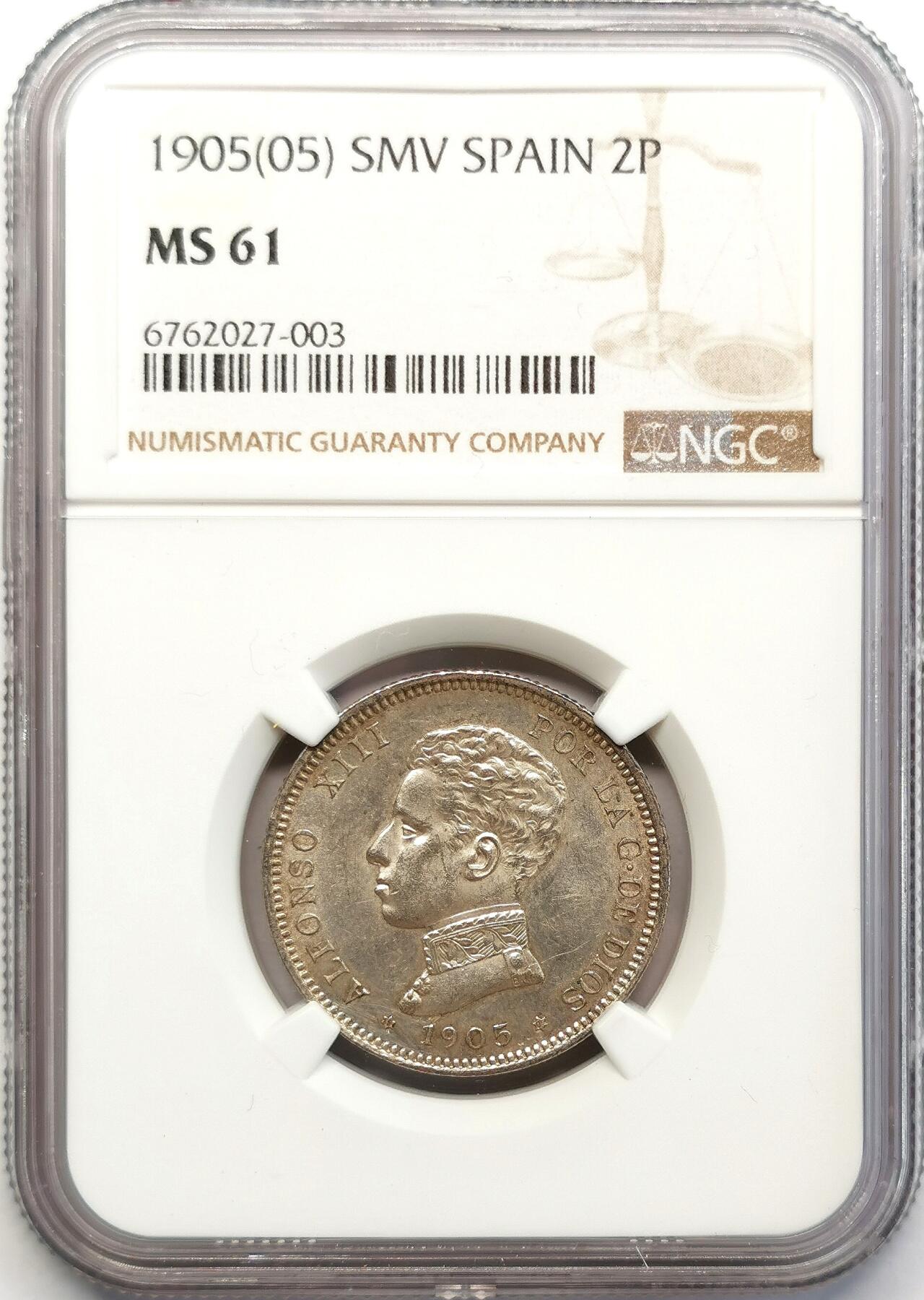 凡希社世界钱币微拍第二百六十八期 1905西班牙阿丰索少年头像2P银币NGC-MS61