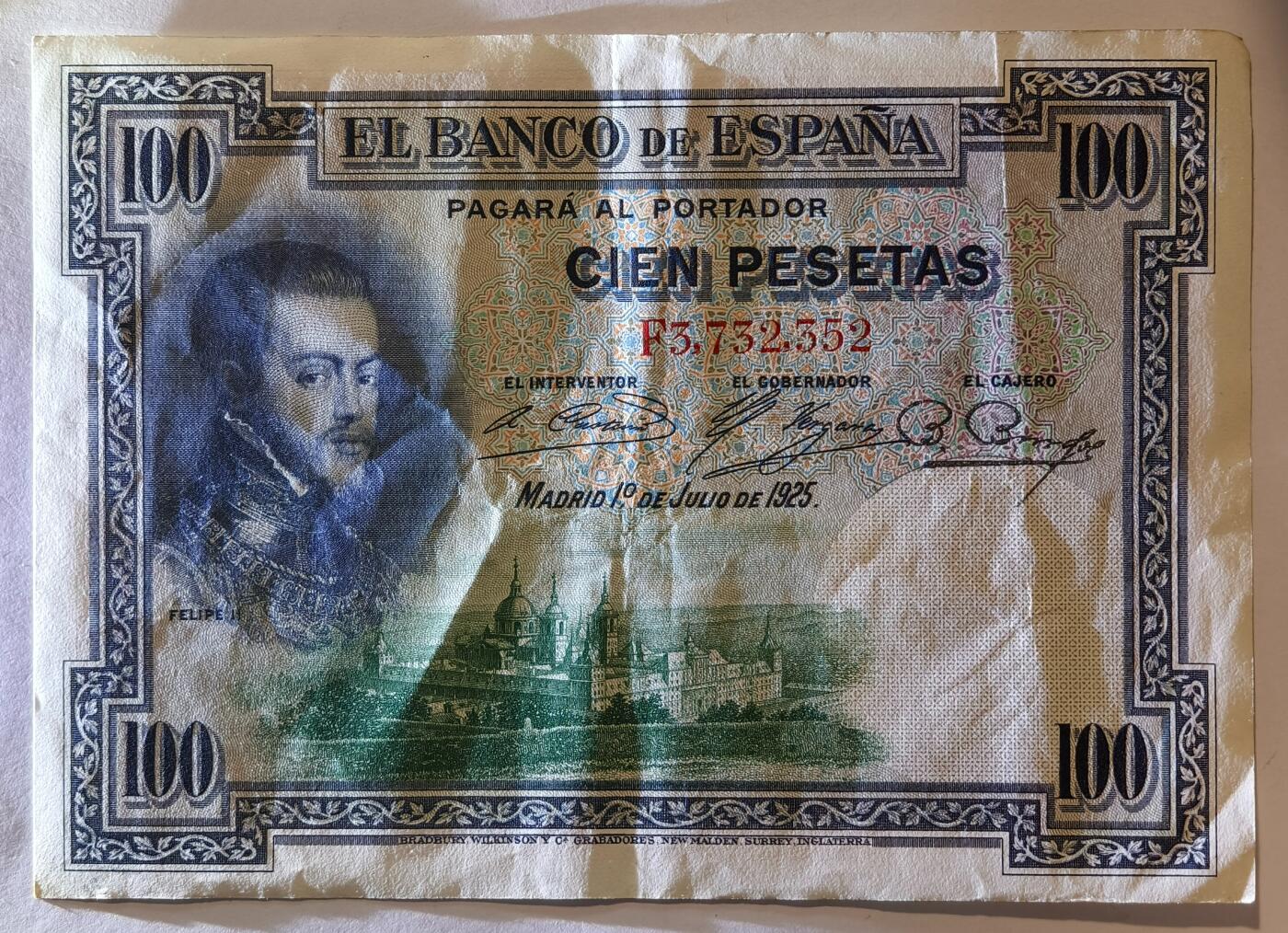 紫瑗钱币——第347期拍卖——纸币场 西班牙 1925年 油画《腓力二世的座椅》 100比塞塔 AU