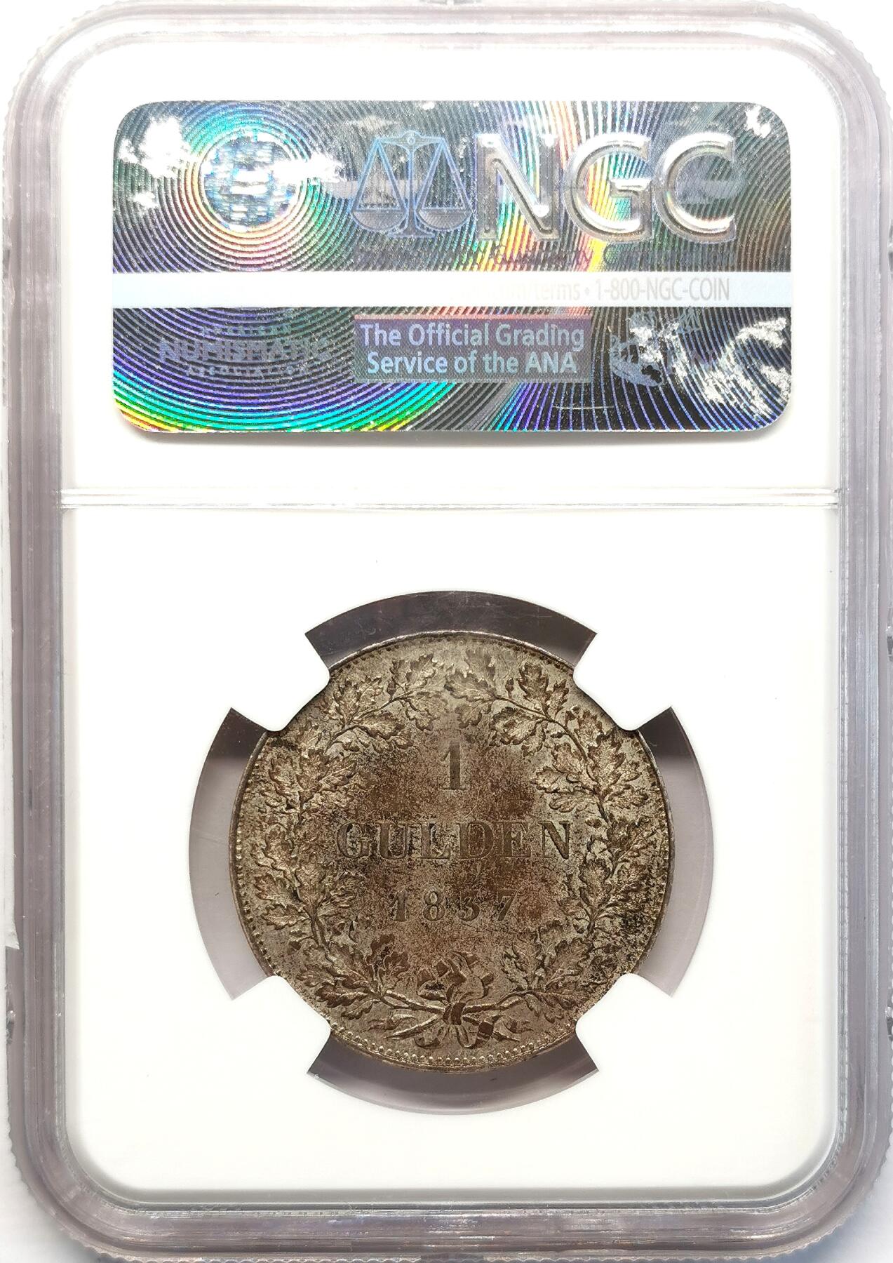 凡希社世界钱币微拍第二百六十八期 荐！1837黑森-达姆斯特路德维希二世古尔登银币NGC-MS62，相当稀少的邦国古尔登，N最高分，同分外拍成交近3K！！