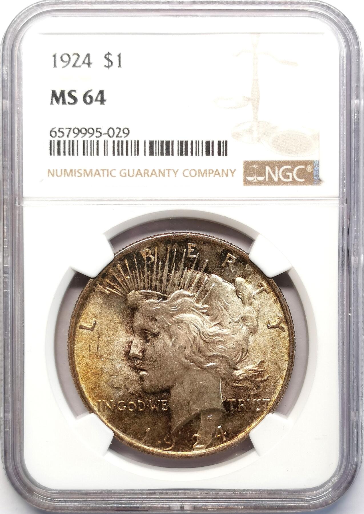 凡希社世界钱币微拍第二百六十八期 1924美国和平壹元NGC-MS64，金彩！