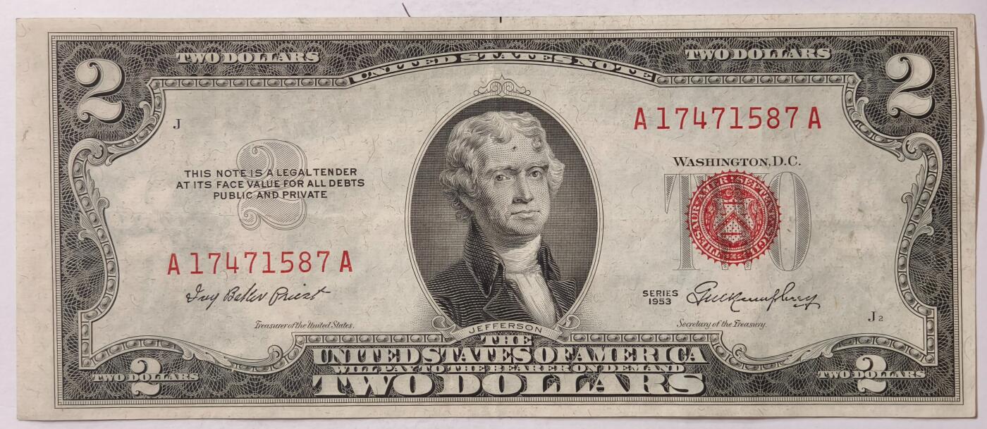 紫瑗钱币——第347期拍卖——纸币场 美国 1953年 无序列 托马斯·杰斐逊 2美元 红印 政府券 AU-