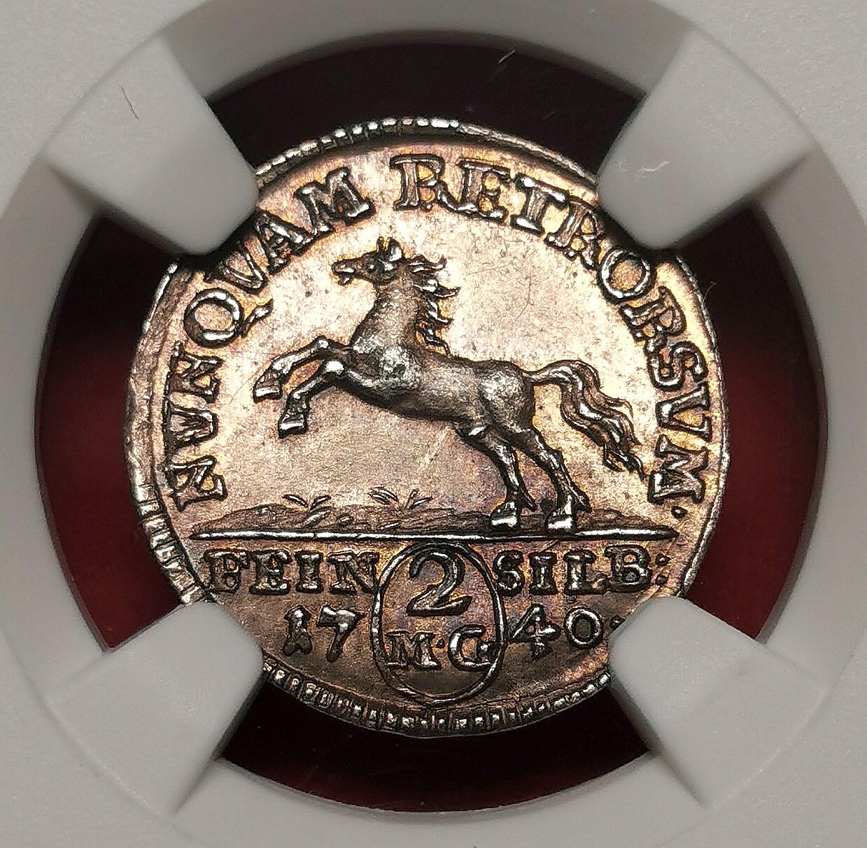 凡希社世界钱币微拍第二百六十八期 1740布伦瑞克沃芬伯特奔马2MG银辅币NGC-MS62，漂亮的紫金彩！