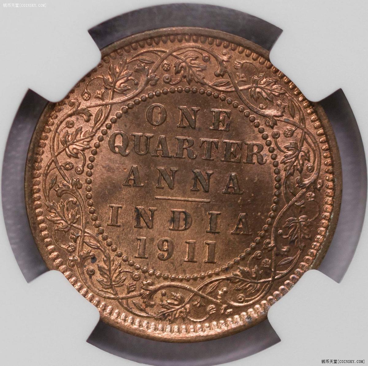 NGC-MS65RD 1911C印度猪安拿全铜光超级状态唯一RD全铜光