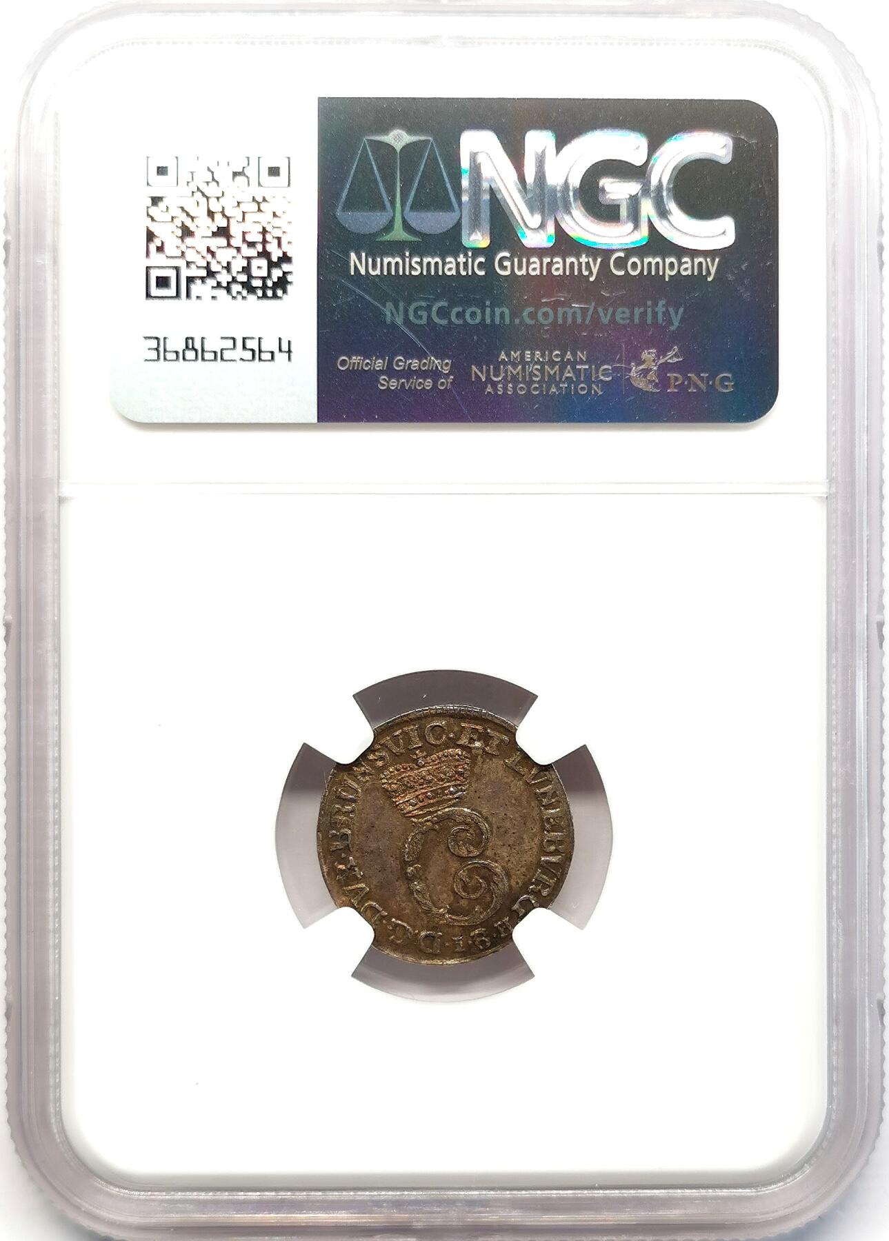 凡希社世界钱币微拍第二百六十八期 1740布伦瑞克沃芬伯特奔马2MG银辅币NGC-MS62，漂亮的紫金彩！