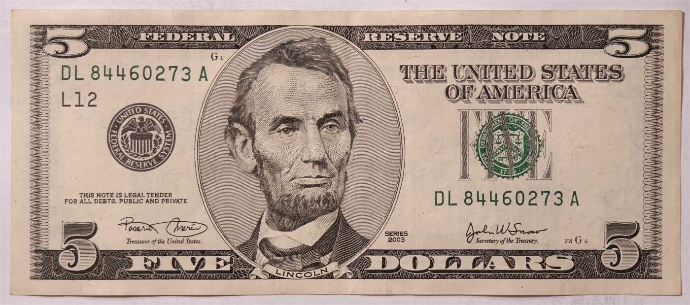 紫瑗钱币——第347期拍卖——纸币场 美国 2003年 L版 无序列 亚伯拉罕.林肯 5美元 大头版 AU 有折