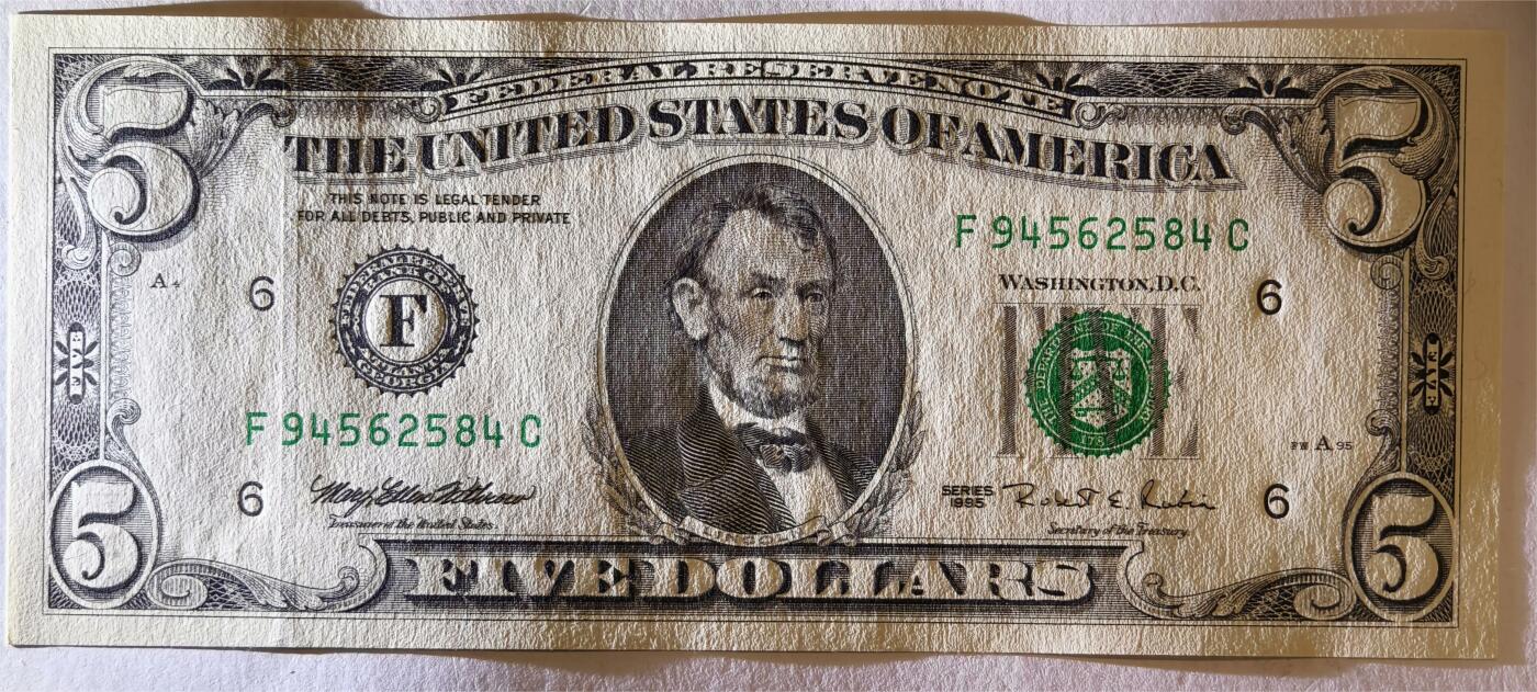 紫瑗钱币——第347期拍卖——纸币场 美国 1995年 F版 无序列 亚伯拉罕.林肯 5美元 小头版 UNC
