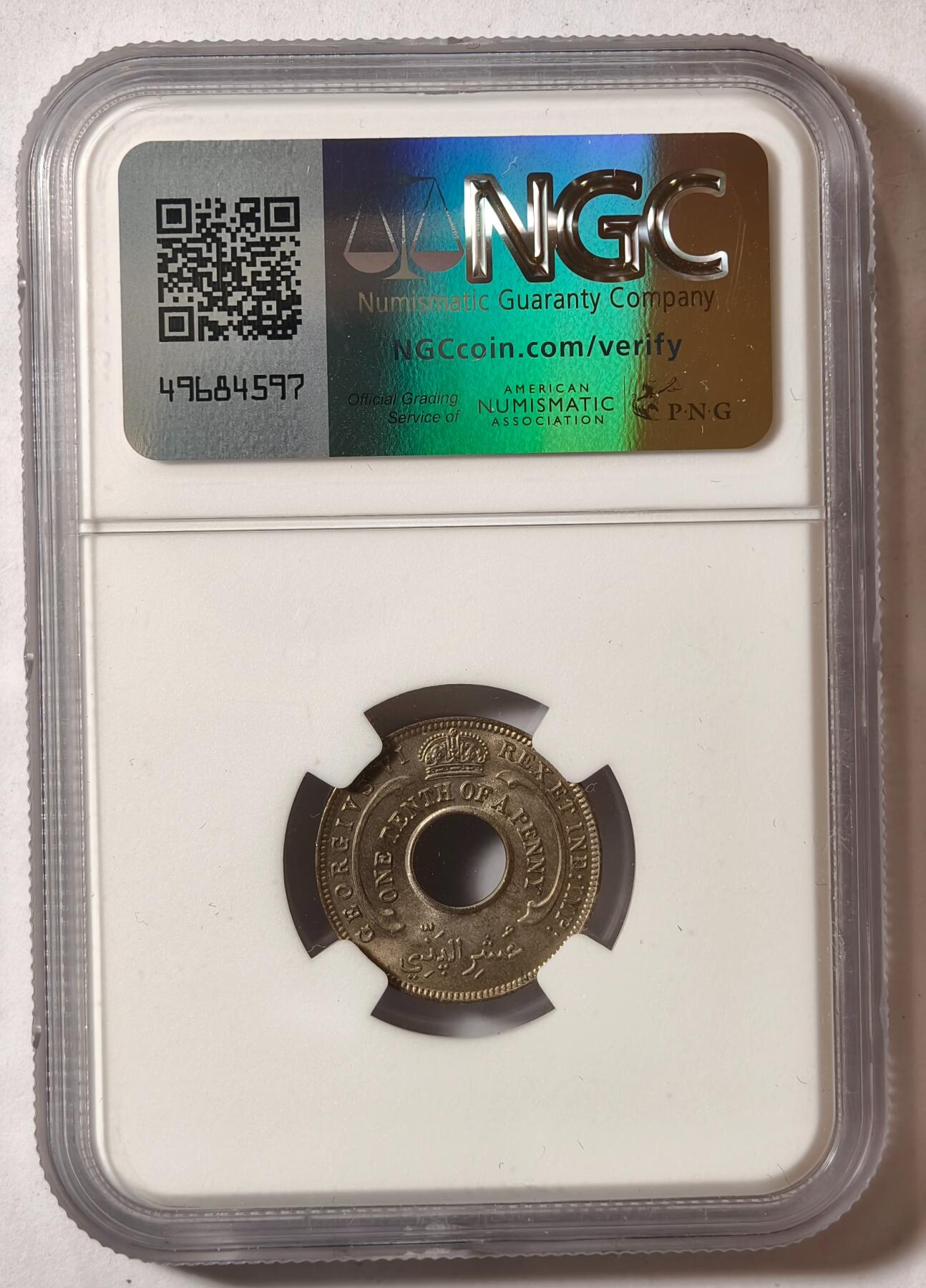 紫瑗钱币——第420期 英属西非 1938年 乔治六世 1/10便士 白铜币 NGC MS64