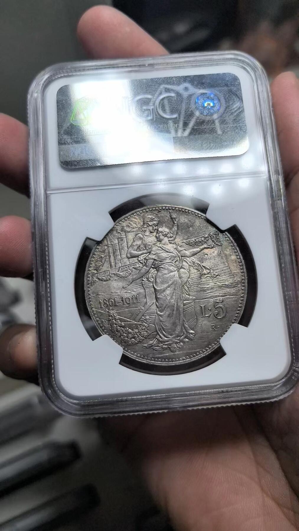 意大利1911年建国50周年纪念5里拉银币 NGC-MS64