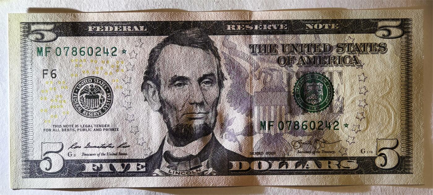 紫瑗钱币——第347期拍卖——纸币场 【补号】美国 2013年 F版 无序列 亚伯拉罕.林肯 5美元 彩色版 UNC