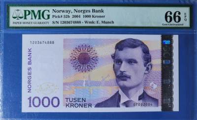 挪威 2004年 1000克朗 纸钞 稀少 豹子号 1203674888 PMG66分一张 如图 - 挪威 2004年 1000克朗 纸钞 稀少 豹子号 1203674888 PMG66分一张 如图