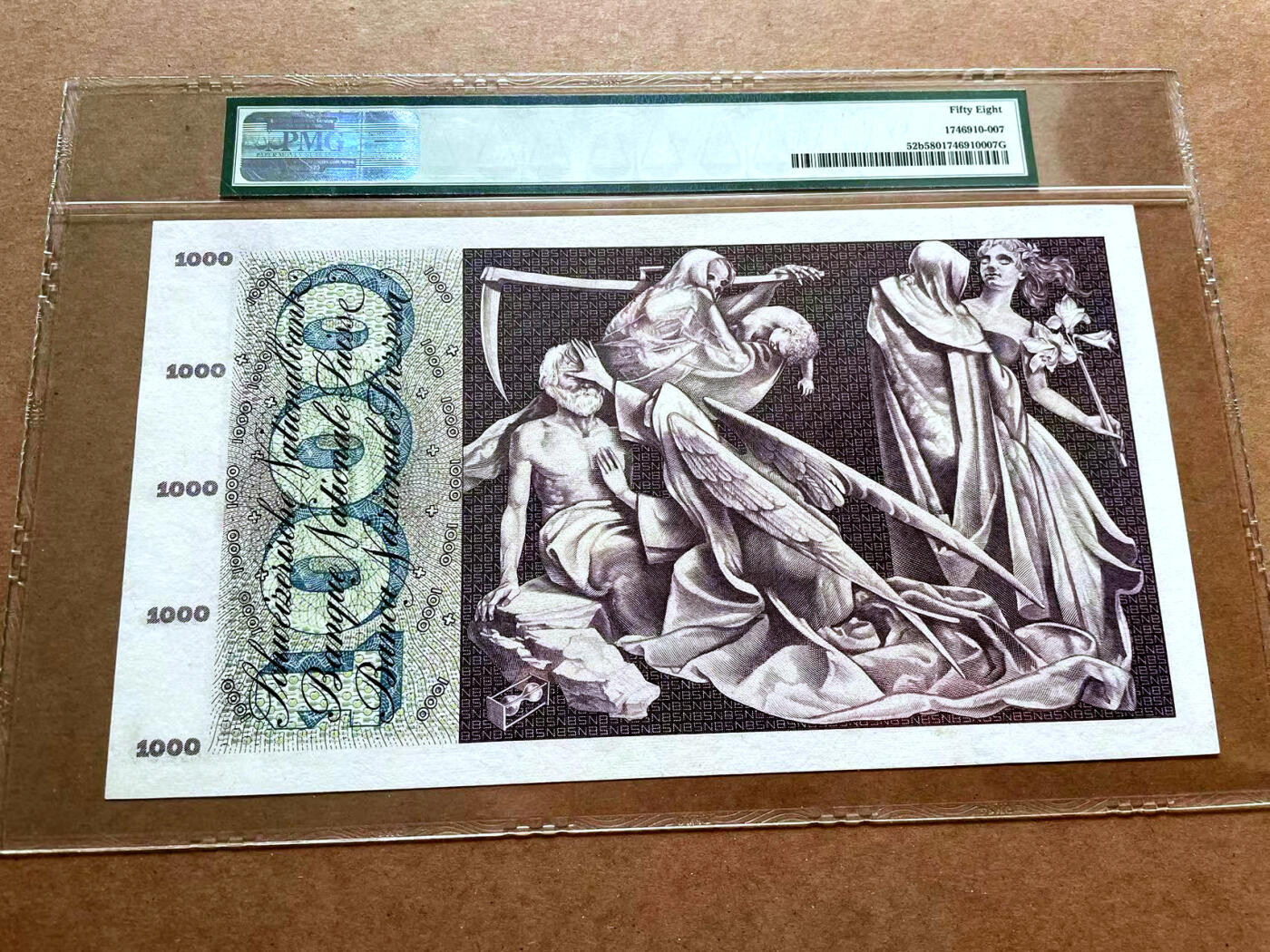 【Blue Auction】✨世界纸币精拍第475期【精】 【b版】瑞士 1957年1000法郎 死神之舞 PMG58 超大票幅 雕刻精美 