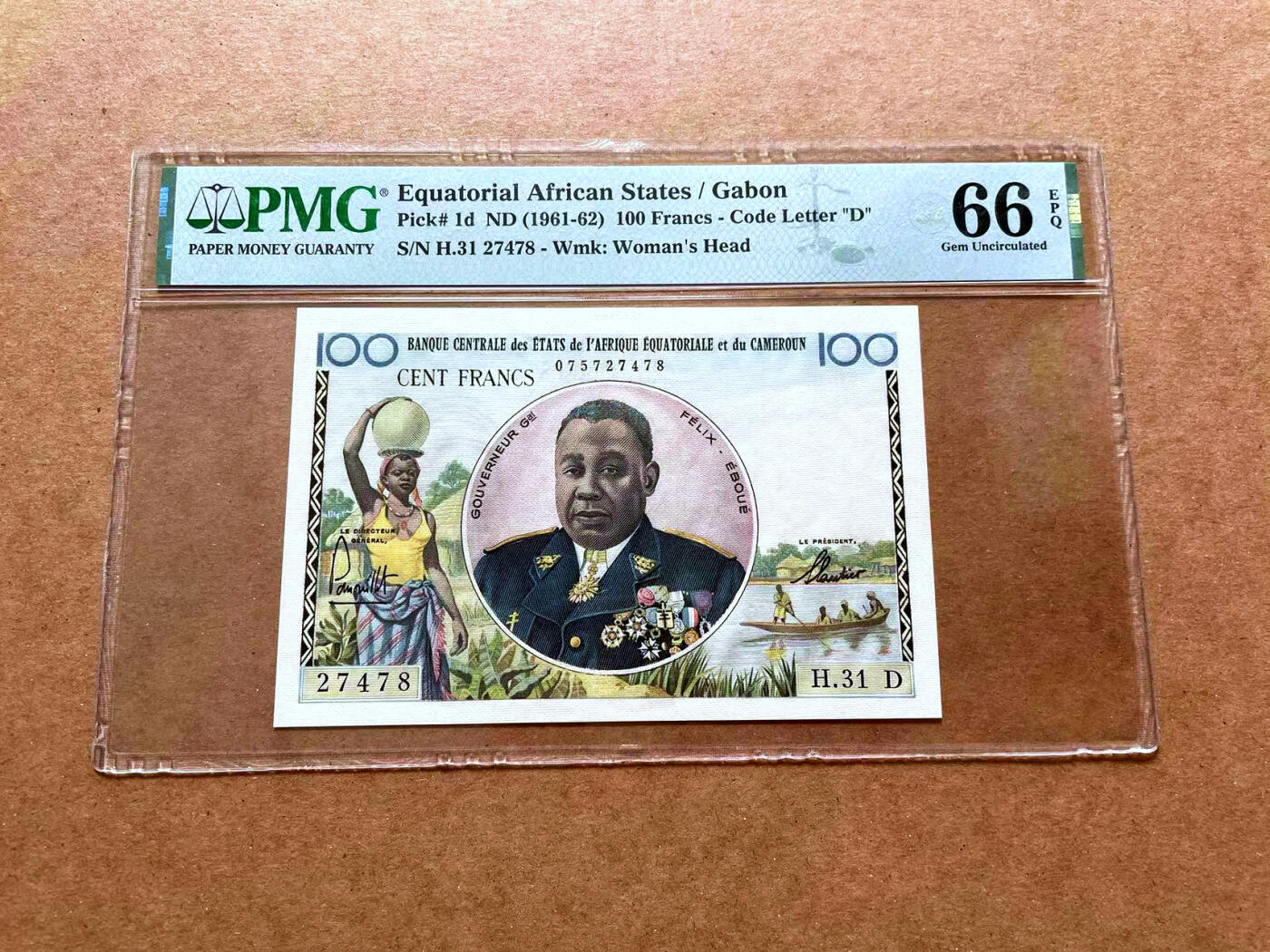 【Blue Auction】✨世界纸币精拍第475期【精】 【珍品 p1 唯一冠军分&唯一记录 加蓬版筋票 区别于p2】法属赤道非洲 1961-62年100法郎 PMG66EPQ如此绝的品相一票难求 设计精美 正面人物系首位法属殖民地黑人总督费利克斯·埃布埃，任内曾建议戴高乐将军鼓励法国殖民地人民参加反法西斯斗争，并促成法属赤道非洲、乍得及喀麦隆接受戴高乐的领导，去世后被移入贤人祠。