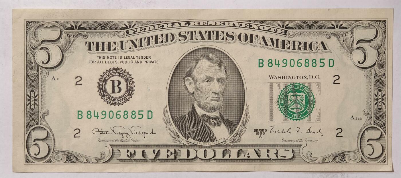 紫瑗钱币——第347期拍卖——纸币场 美国 1988年 B版 A序列 亚伯拉罕.林肯 5美元 小头版 UNC
