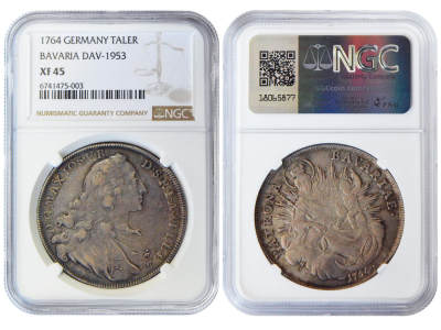 冠军2024年5月麦稀奇及微信群联动拍卖 - 1764德国巴伐利亚州1泰勒银币，DAV-1953，NGC XF 45