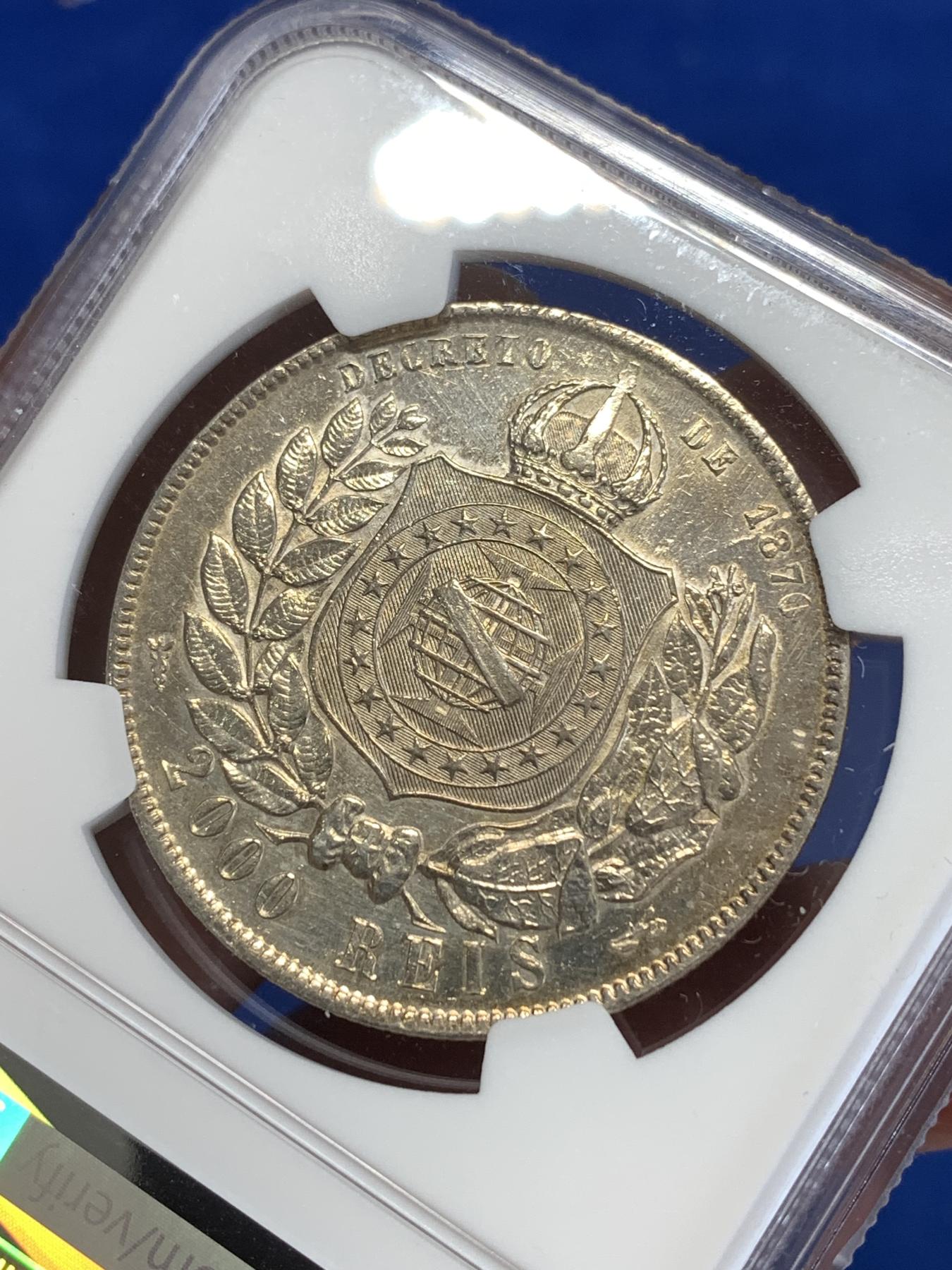 《竞宝斋》第268场- 周日，周一  2场连拍 （全场包邮） NGC AUD 巴西1889年佩德罗二世2000R银币