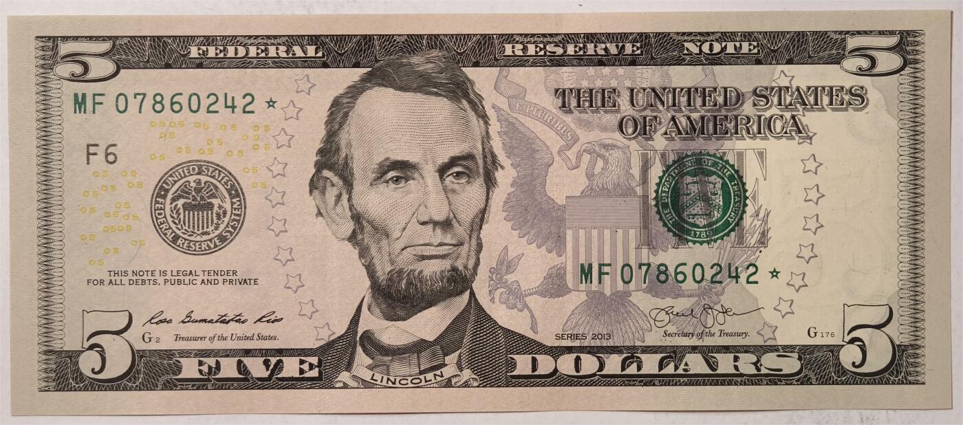紫瑗钱币——第347期拍卖——纸币场 【补号】美国 2013年 F版 无序列 亚伯拉罕.林肯 5美元 彩色版 UNC