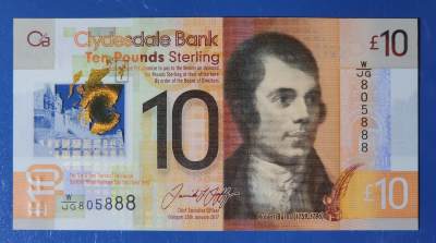 英国 苏格兰 2017年 克莱斯戴尔 银行 10镑 塑料钞 豹子号 W/JG 805888 UNC 一张 如图 - 英国 苏格兰 2017年 克莱斯戴尔 银行 10镑 塑料钞 豹子号 W/JG 805888 UNC 一张 如图