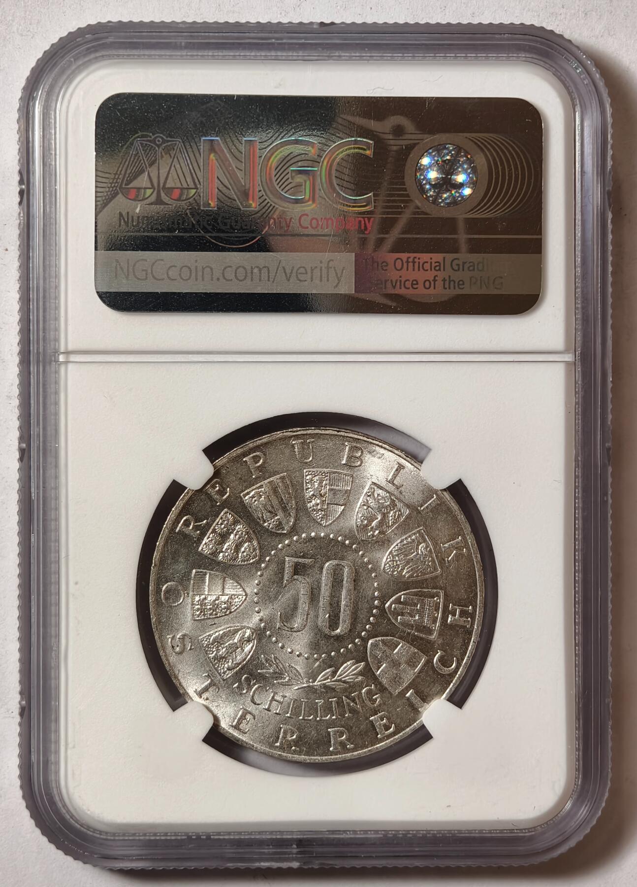 紫瑗钱币——第420期 奥地利 1964年 因斯布鲁克冬奥会 高台滑雪 50先令 银币 NGC  MS62