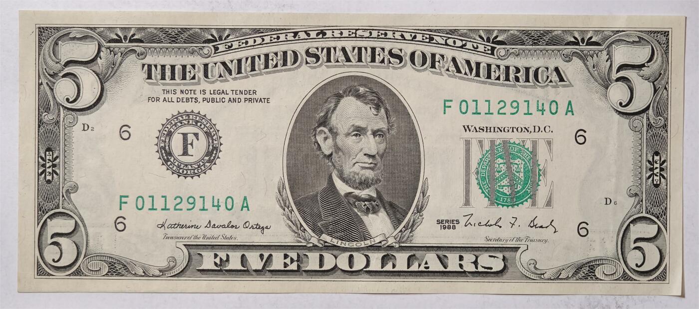 紫瑗钱币——第347期拍卖——纸币场 美国 1988年 F版 无序列 亚伯拉罕.林肯 5美元 小头版 UNC-