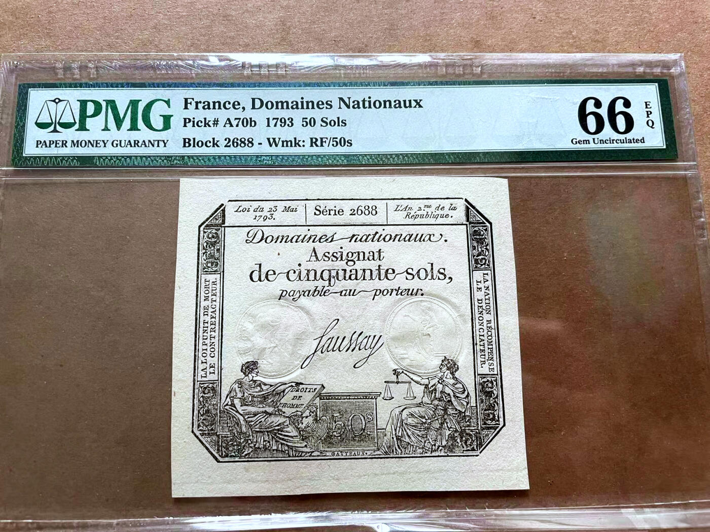 【Blue Auction】✨世界纸币精拍第475期【精】 【2688号】法国 1793年50索尔 PMG66EPQ 高分
