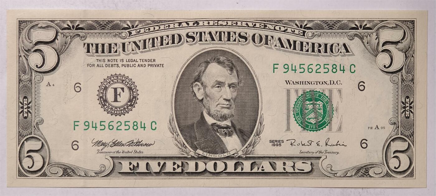 紫瑗钱币——第347期拍卖——纸币场 美国 1995年 F版 无序列 亚伯拉罕.林肯 5美元 小头版 UNC