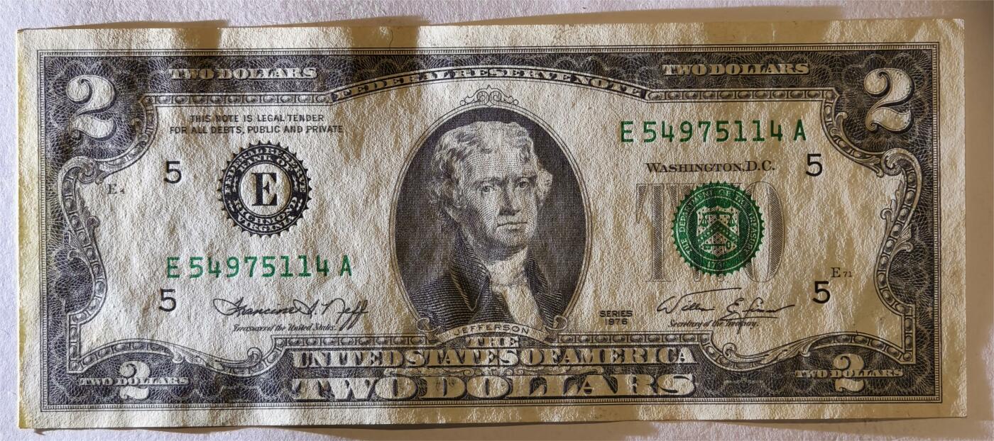 紫瑗钱币——第347期拍卖——纸币场 美国 1976年 E版 无序列  托马斯.杰斐逊 2美元 (有脏）
