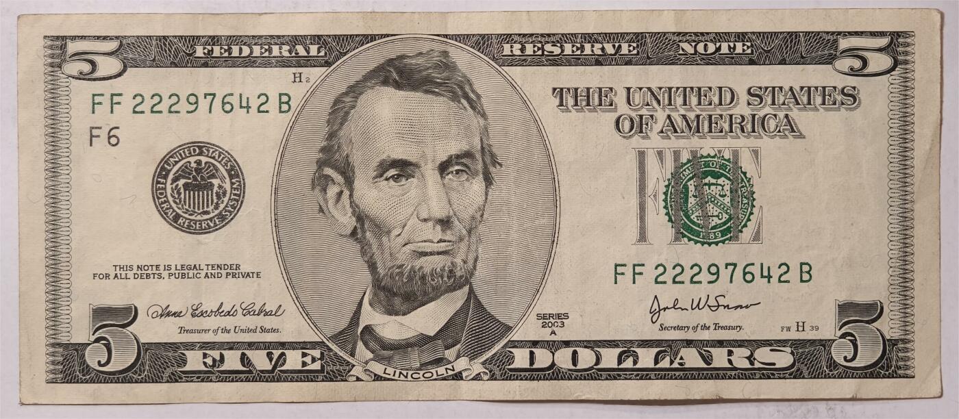 紫瑗钱币——第347期拍卖——纸币场 美国 2003年 F版 A序列 亚伯拉罕.林肯 5美元 大头版 流通品