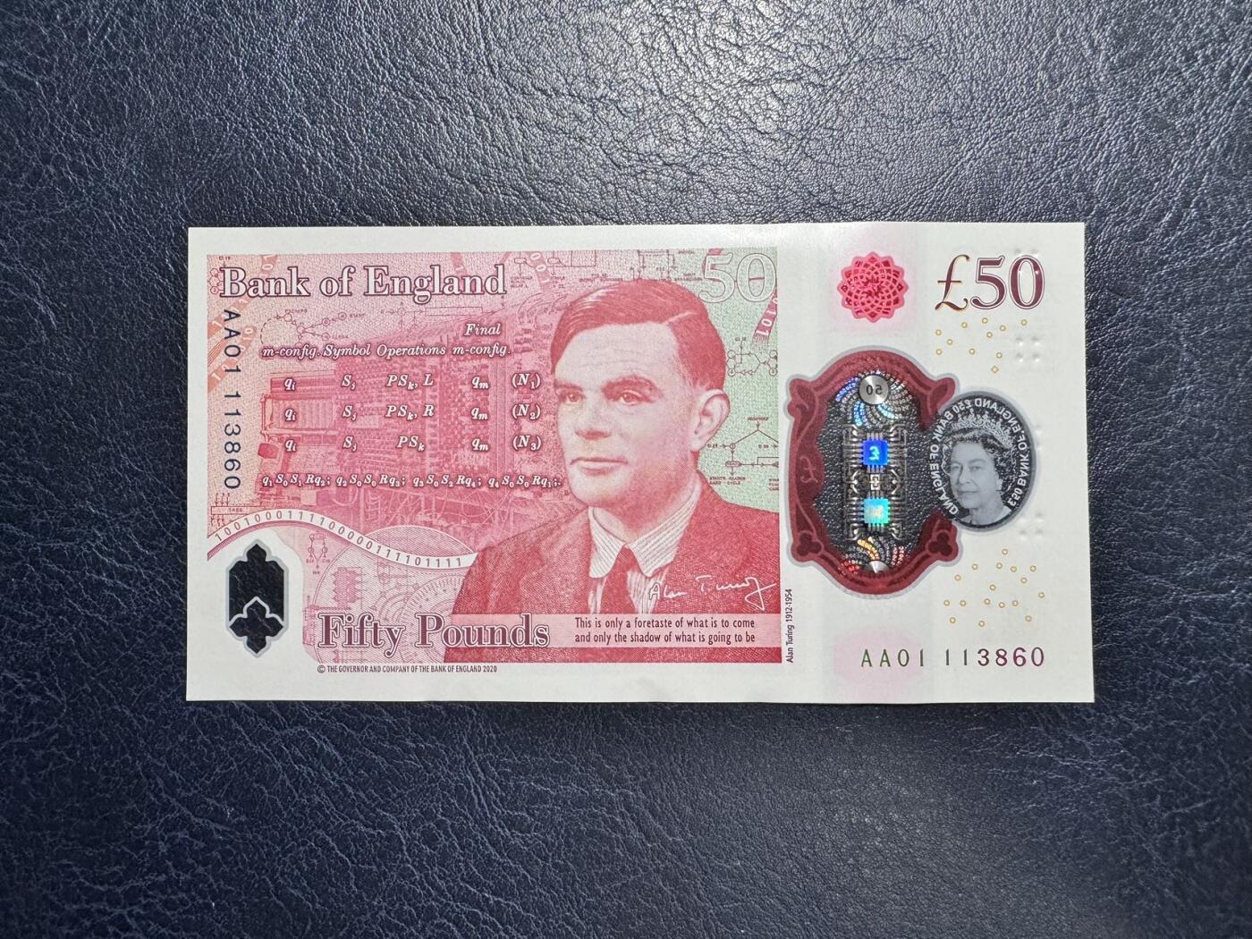 收藏联盟Quantum Auction 第345期拍卖  英国2020年50镑首发AA01冠 品相UNC-  号码无47 计算机学家 图灵