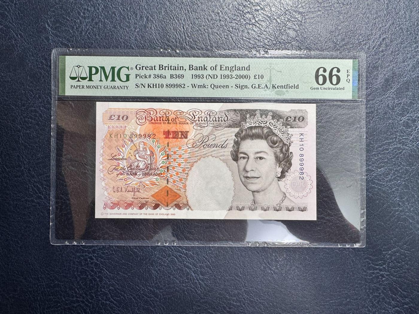 收藏联盟Quantum Auction 第345期拍卖  英国1993 (ND 1993-2000)年10镑 PMG66 作家狄更斯 号码全程无3457朦胧号