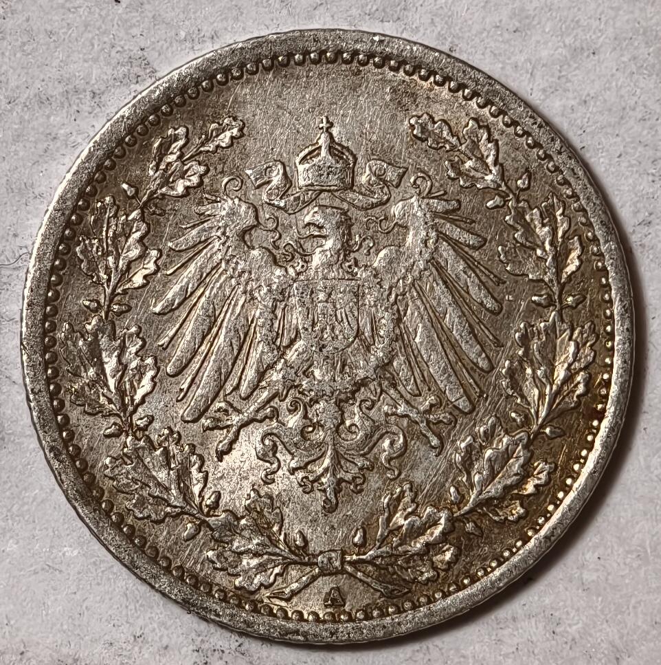 紫瑗钱币——第420期 德国 1913年 A版 第二帝国 1/2马克 银币 2.77克 0.9银