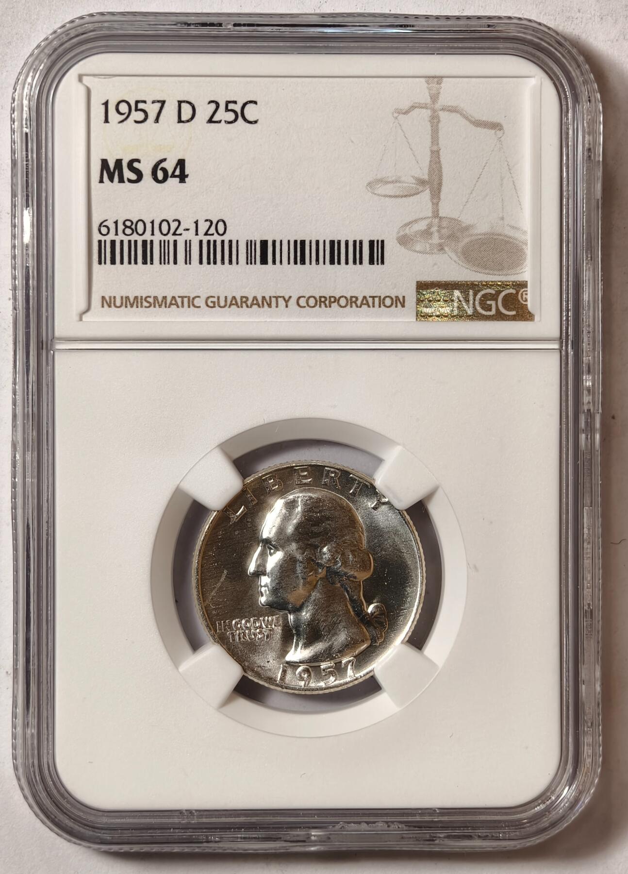 紫瑗钱币——第420期 美国 1957年 D版 华盛顿 25美分 银币 NGC MS64