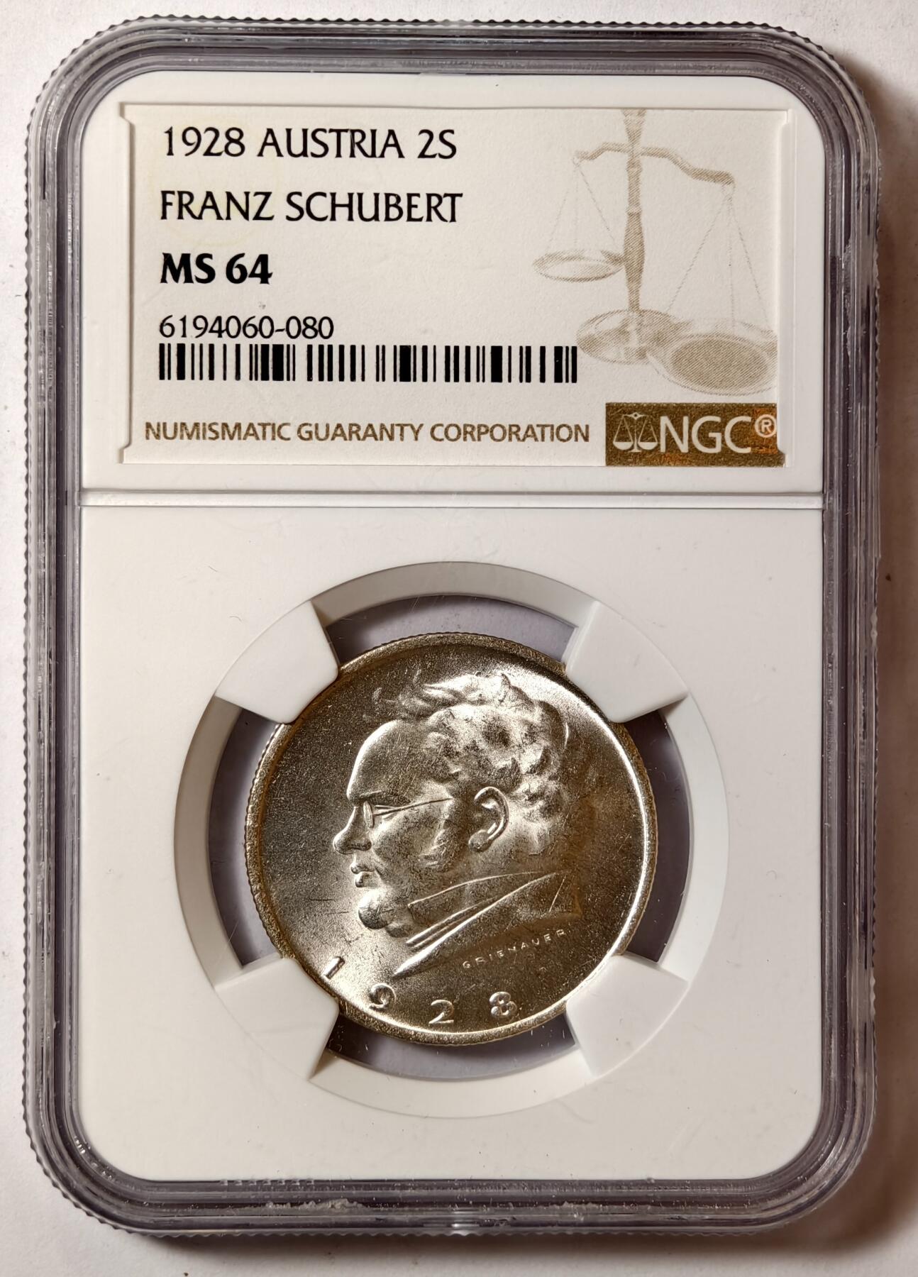 紫瑗钱币——第384期拍卖 奥地利 1928年 舒伯特 2先令 银币 NGC MS64