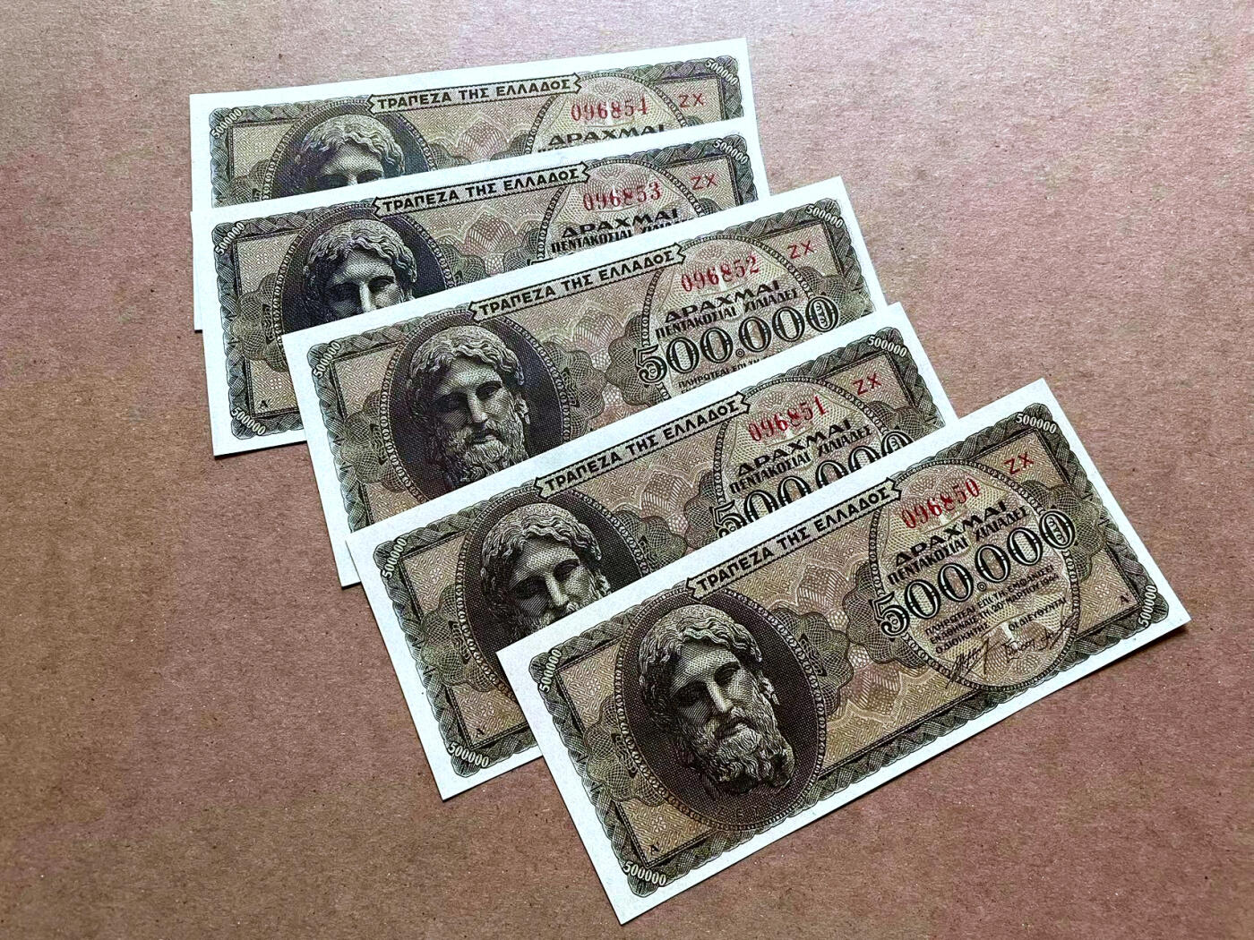 【Blue Auction】✨世界纸币精拍第475期【精】 【一组5张连号】希腊 1944年50万德拉科马 UNC/UNC- 