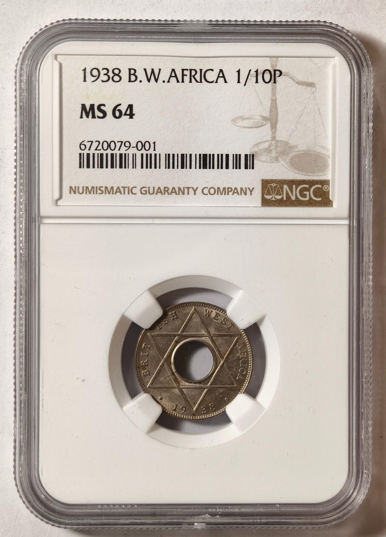 紫瑗钱币——第420期 英属西非 1938年 乔治六世 1/10便士 白铜币 NGC MS64