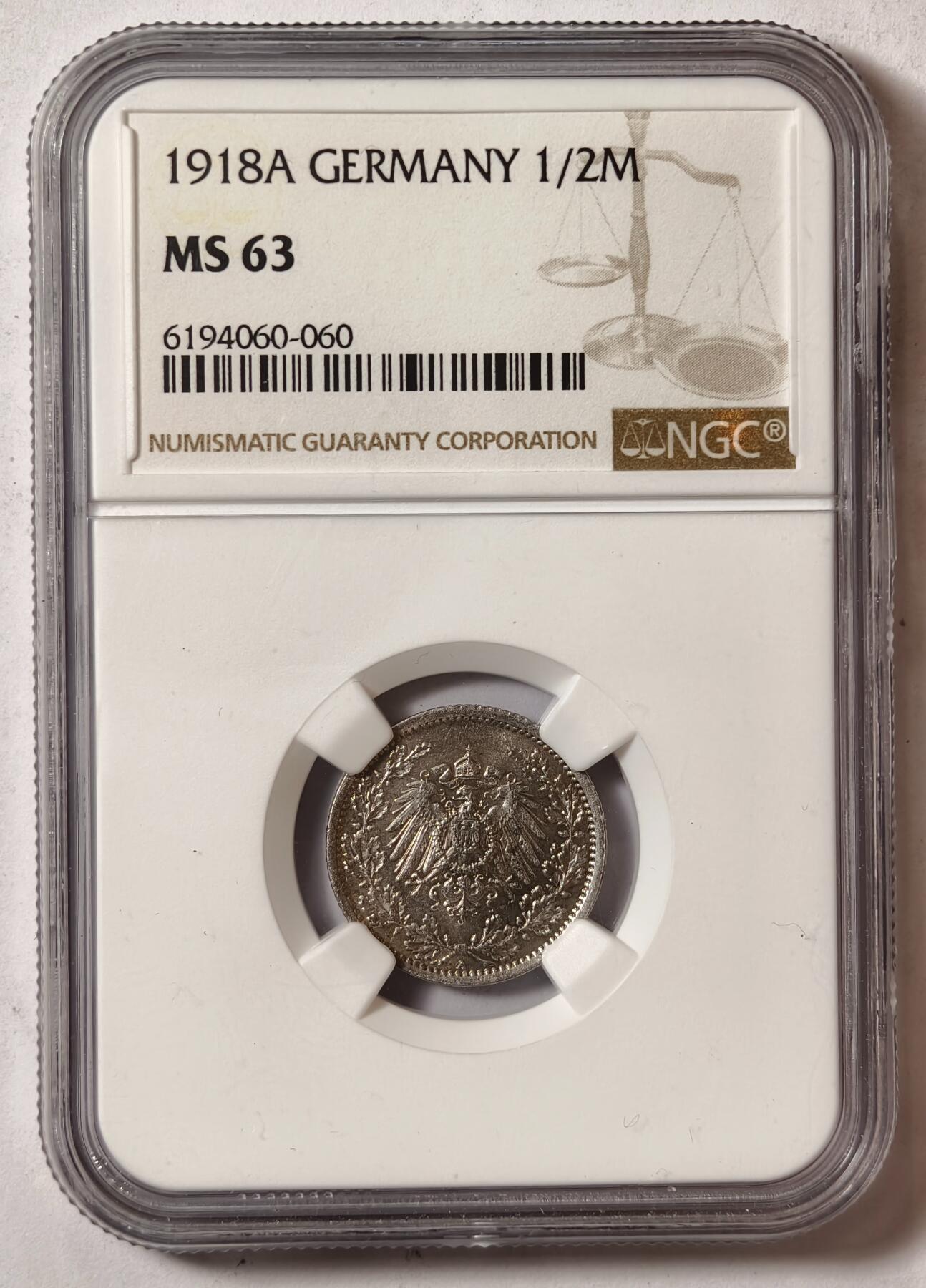 紫瑗钱币——第420期 德国 1918年 A版 第二帝国 1/2马可 银币 NGC MS63