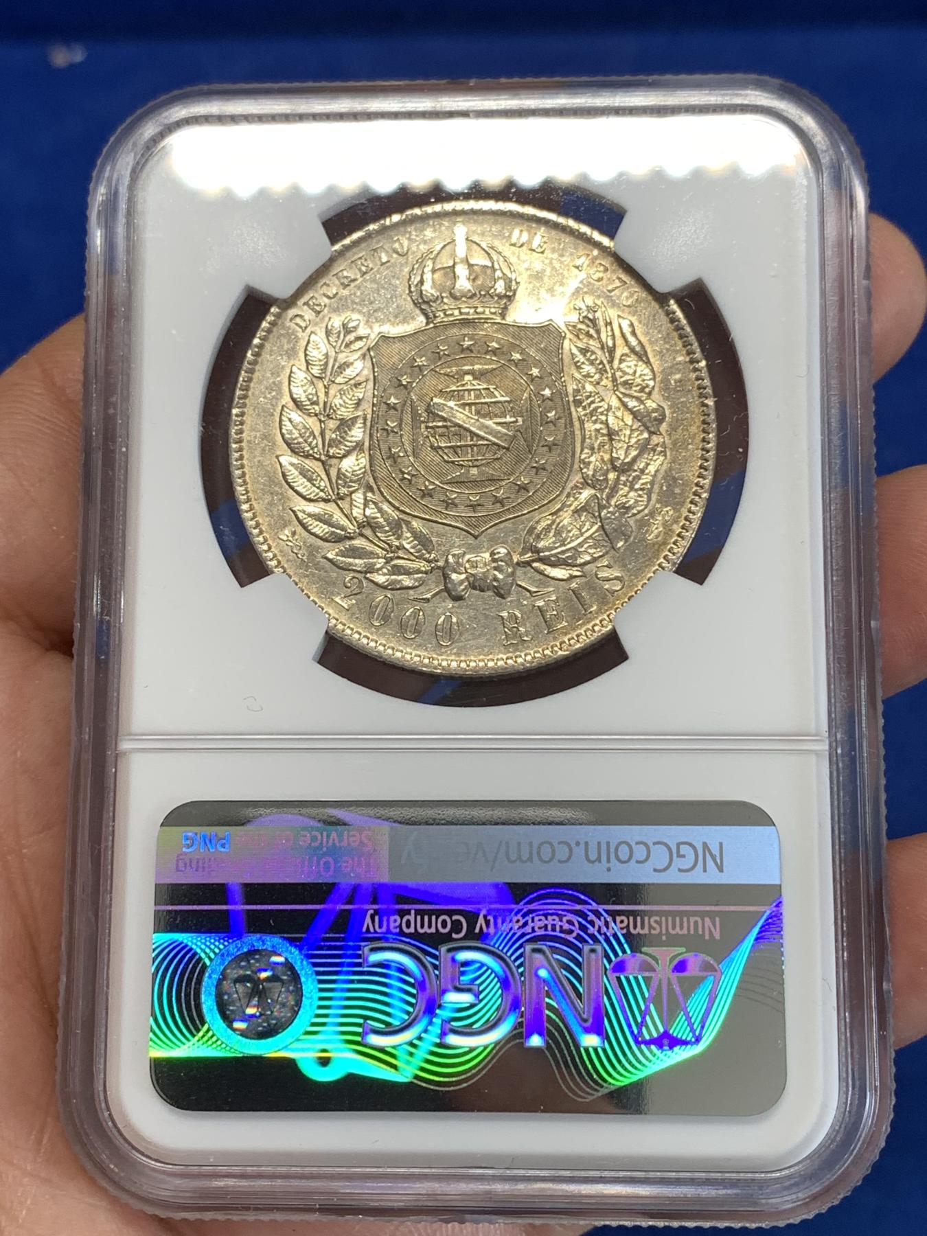 《竞宝斋》第268场- 周日，周一  2场连拍 （全场包邮） NGC AUD 巴西1889年佩德罗二世2000R银币
