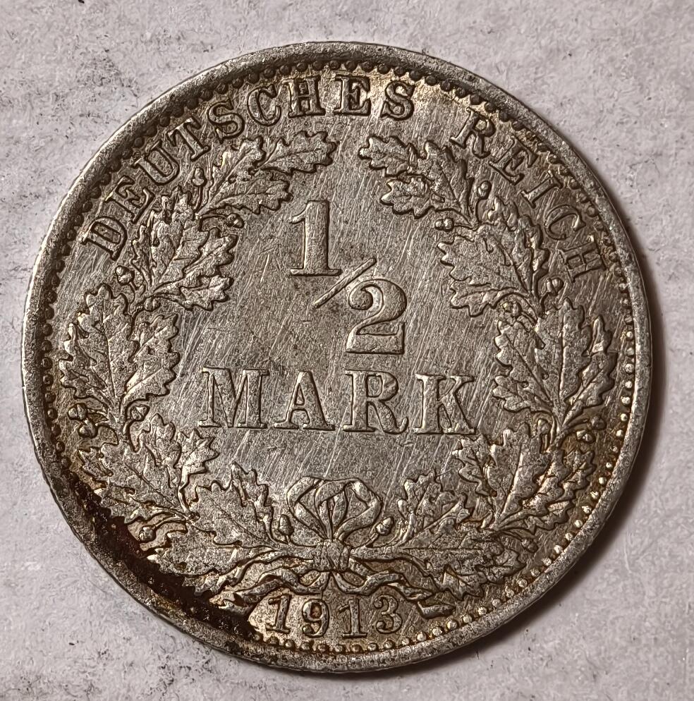 紫瑗钱币——第420期 德国 1913年 A版 第二帝国 1/2马克 银币 2.77克 0.9银