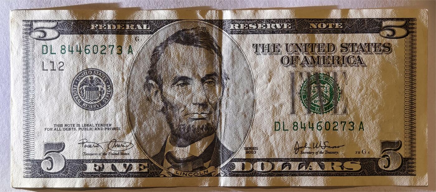 紫瑗钱币——第347期拍卖——纸币场 美国 2003年 L版 无序列 亚伯拉罕.林肯 5美元 大头版 AU 有折