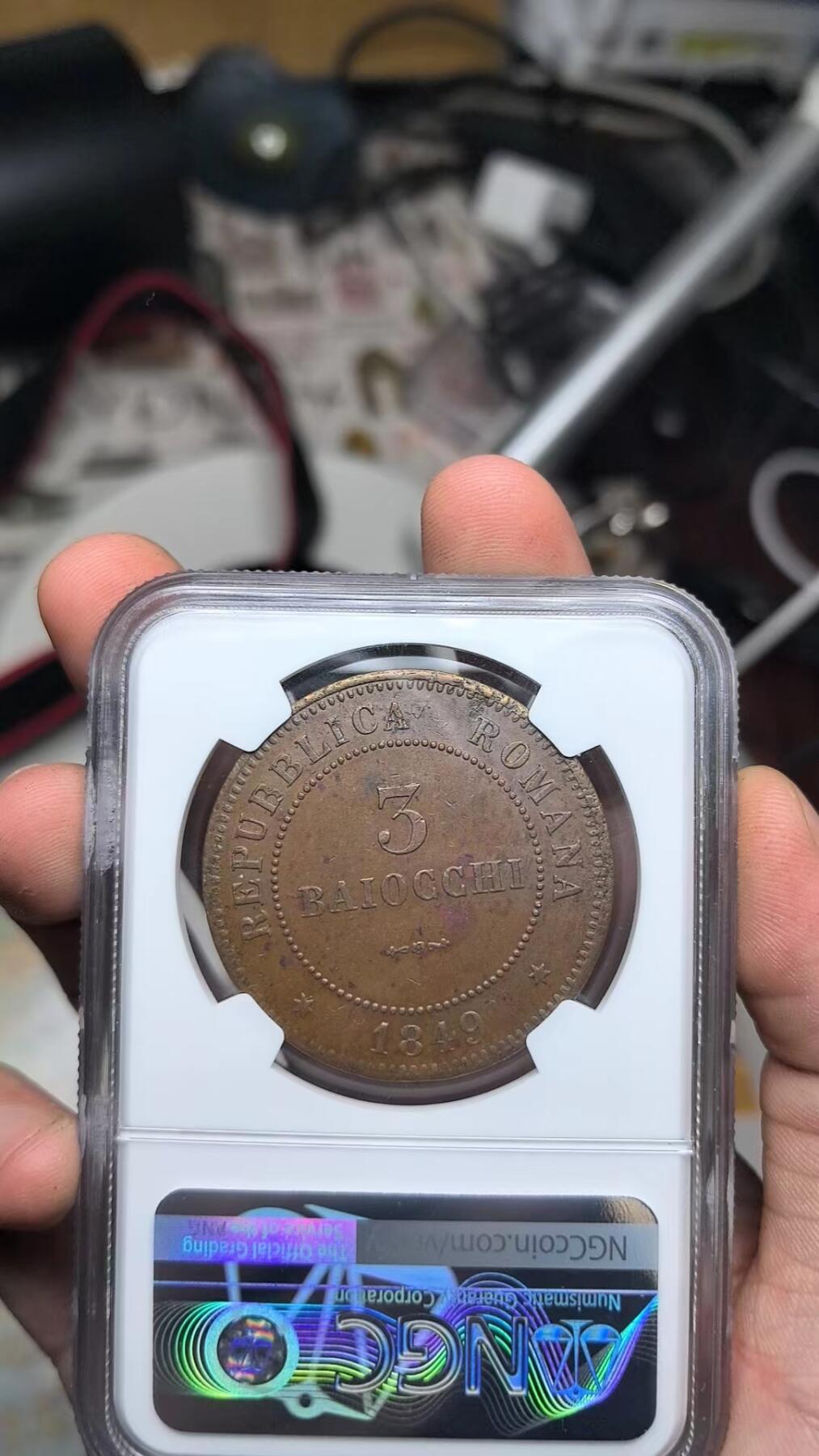 罗马共和国1849年博洛尼亚厂3巴约科铜币 NGC-MS62