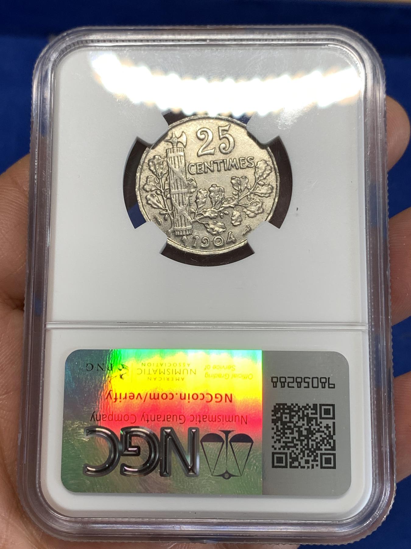 《竞宝斋》第268场- 周日，周一  2场连拍 （全场包邮） NGC AU58 法三共1904年25C镍币