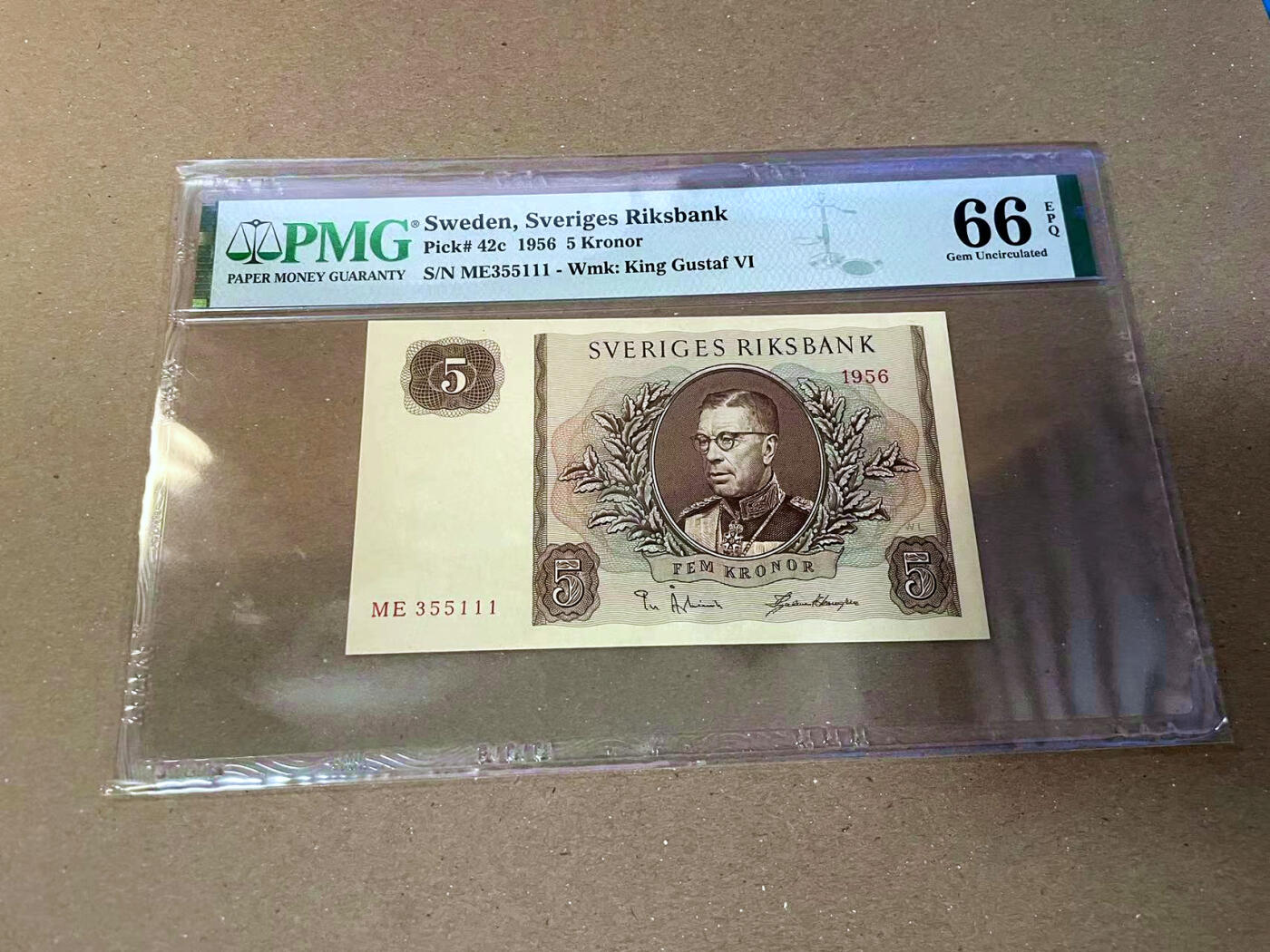 【Blue Auction】✨世界纸币精拍第475期【精】 【111豹子号无47】瑞典 1956年5克朗 PMG66EPQ 