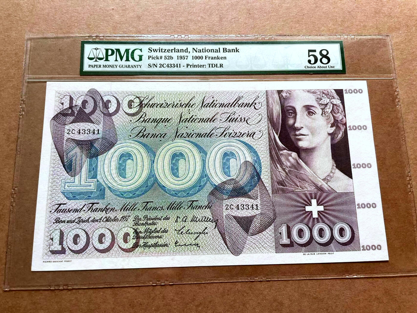 【Blue Auction】✨世界纸币精拍第475期【精】 【b版】瑞士 1957年1000法郎 死神之舞 PMG58 超大票幅 雕刻精美 