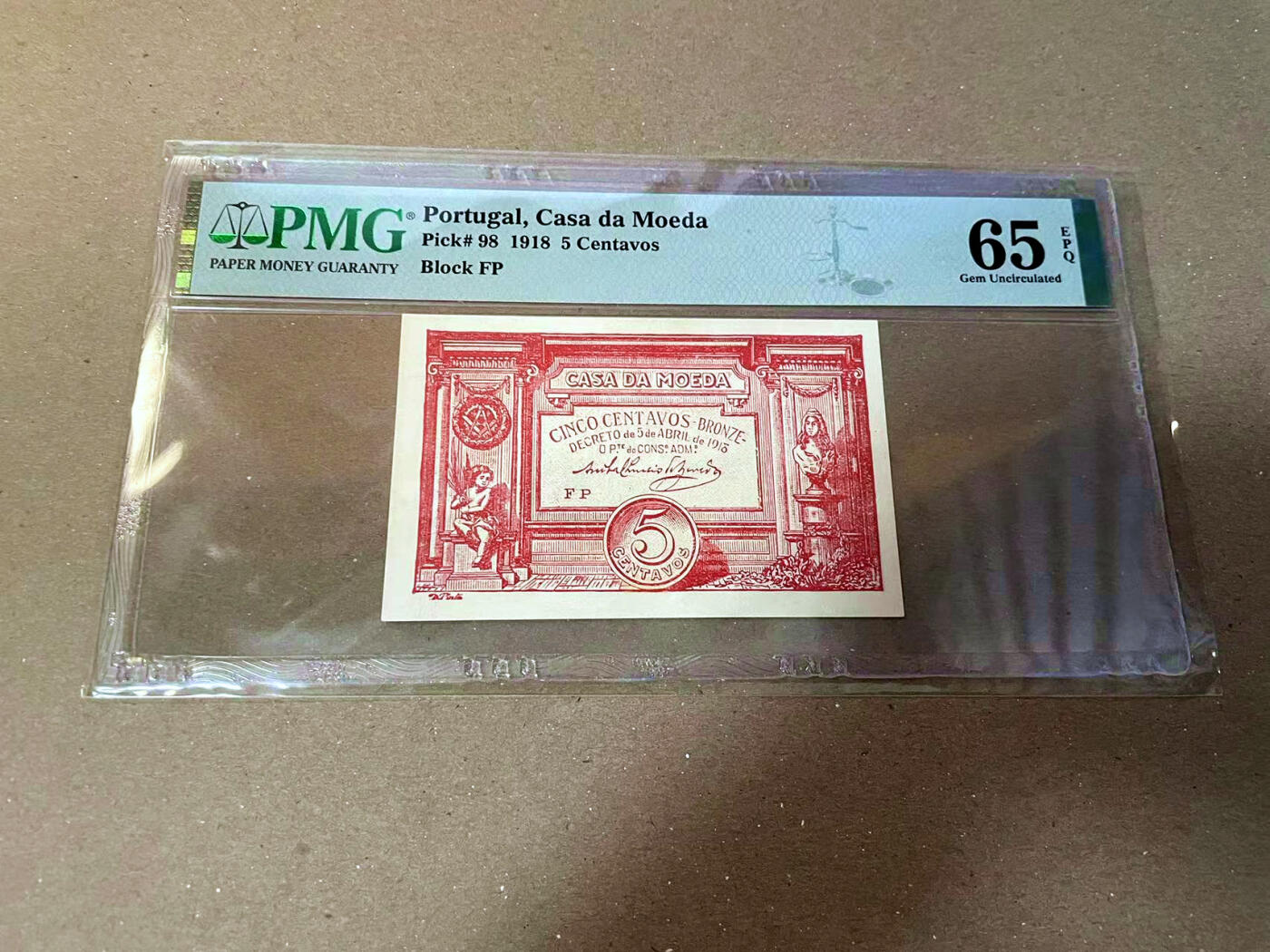 【Blue Auction】✨世界纸币精拍第475期【精】 葡萄牙 1918年5分 PMG65EPQ 