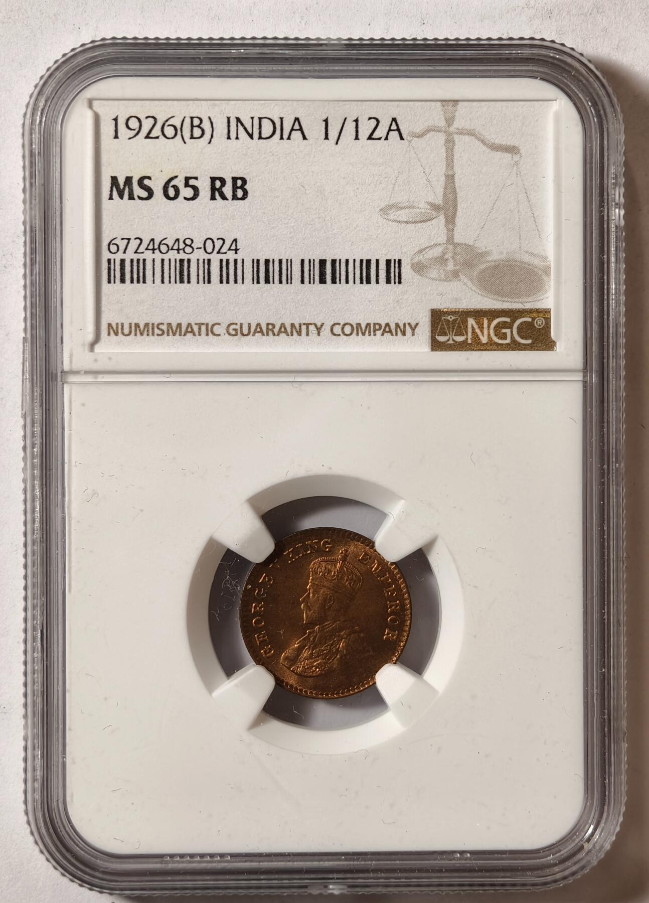 紫瑗钱币——第420期 英属印度 1926年 B版 乔治五世 1/12安娜 铜币 NGC MS65 RB