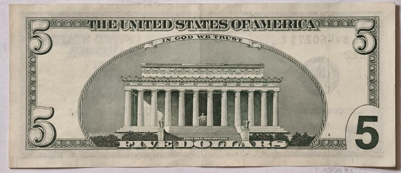 紫瑗钱币——第347期拍卖——纸币场 美国 2003年 L版 无序列 亚伯拉罕.林肯 5美元 大头版 AU 有折